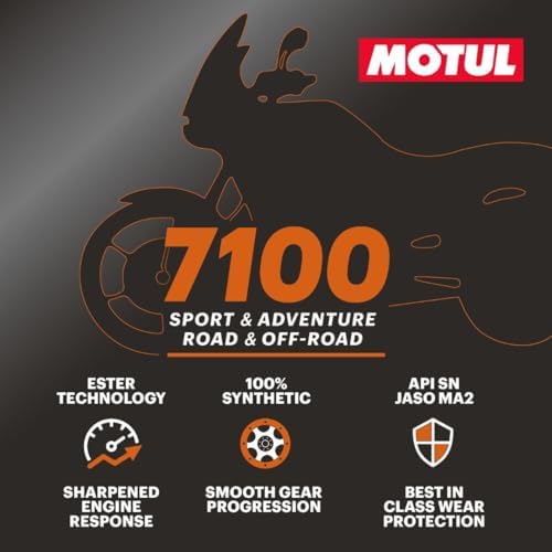 Motul 7100 4T 5W-40 100% Synthetic Ester Motorcycle Oil, JASO MA2 API SP Wet Clutch Compatible, 4 Stroke Engine Protection for BMW KTM Aprilia European Sport Adventure - 1L