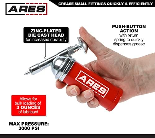 ARES 53010 – 3-Ounce Push-Type Mini Grease Gun - Needle Nozzle Easily Greases Small Fittings – One-Handed Operation - 3000 PSI Working Pressure