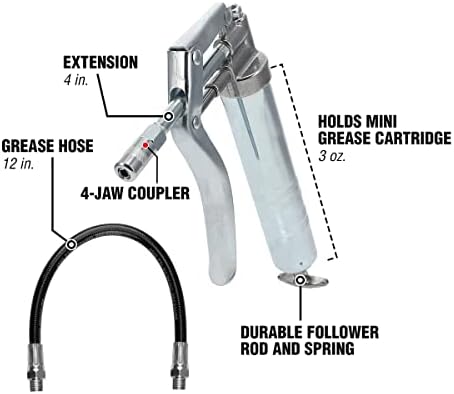 Workforce Mini Grease Gun, for 3 oz. Cartridges, 12 In. Flexible Extension, 4 In. Rigid Extension - L1305