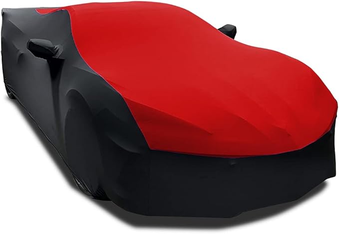 SR1 Performance USA C8 Corvette Indoor Car Cover – Custom Fit Stretch Satin Ultraguard, Soft Paint Protection Against Dust & Scratches for 2020–2026 Stingray, Z51, Z06, E-Ray (Red/Black)