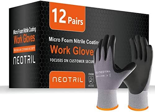 NEOTRIL Safety Work Gloves MicroFoam Nitrile Coated-3/6/12/36 Pairs,Breathable Nylon Working Gloves for Men Women