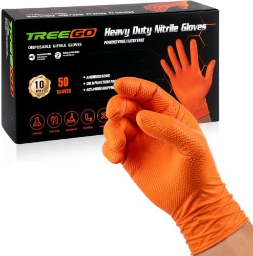 TREEGO 10 Mil Heavy Duty Orange Nitrile Mechanic Gloves, 50 Count XL