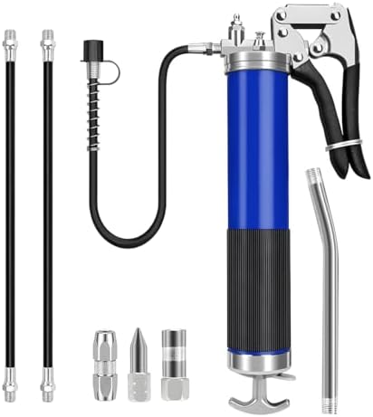 Car Grease Gun, 6000PSI Heavy-Duty Vehicle Pistol Grip Grease Gun Tool Kit, Greasing Kit with 12" Flex Reinforced Hose & Basic Couplers Extension Rigid Pipe, Universal Fit (Blue)