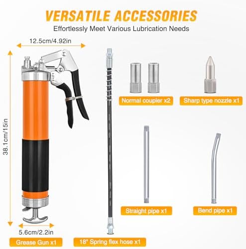 GOOACC Grease Gun 8000 PSI Heavy Duty 14oz Pistol Grip Grease Gun Kit with 18" Spring Flex Hose Sharp Type Nozzle Normal Coupler Rigid Pipe Manual Grease Guns for Greasing Automotive Marine, Orange