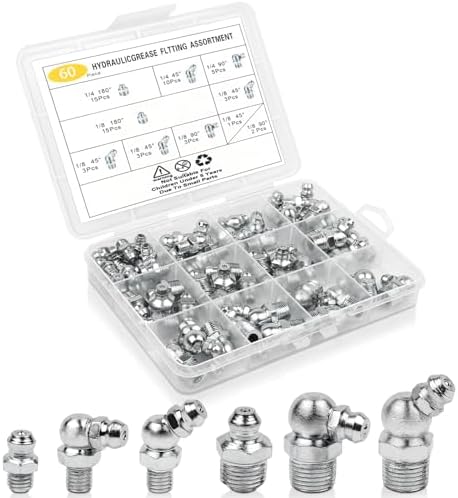 AKEOIL 60Pcs SAE & NPT Grease Fittings Kit, 1/4"-28 and 1/8"-27 Grease Zerk Fittings Assortment, Straight 45° 90° Grease Nipples with Storage Case for Automotive, Tractors and Machinery
