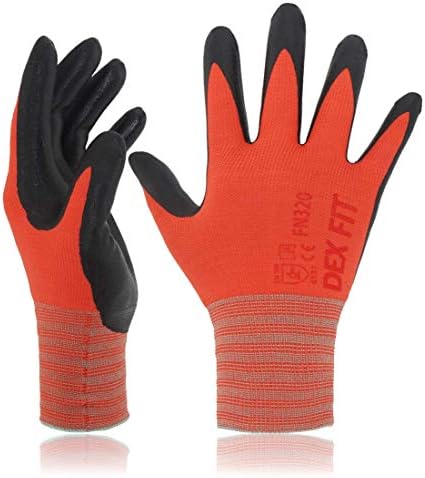 DEX FIT Nylon Work Gloves FN320, 3D Comfort Fit, Power Grip, Lightweight & Breathable, Touchscreen, Gardening, Yard Work, Warehouse, Delivery Driver Gloves; Red 8 (M) 3 Pairs