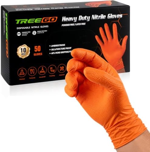 TREEGO 10 Mil Heavy Duty Orange Nitrile Mechanic Gloves, 50 Count M