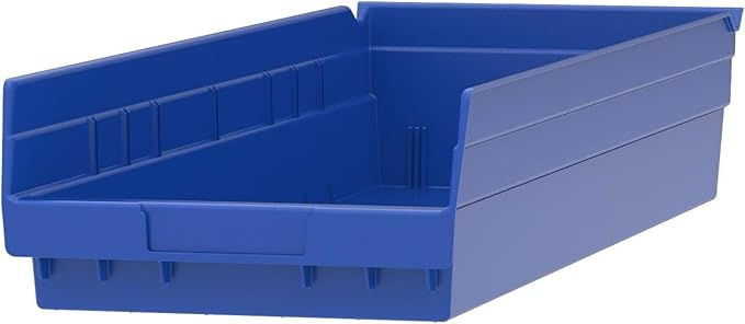 Akro-Mils 30184 Plastic Shelf Bins, Heavy Duty Storage Bins for Garage, Closet, and Drawer Organization, 24-Inch x 8-Inch x 4-Inch, Blue, 6-Pack