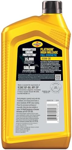 Pennzoil Platinum High Mileage Full Synthetic 5W-30 Motor Oil, 1 Quart (6 Pack)