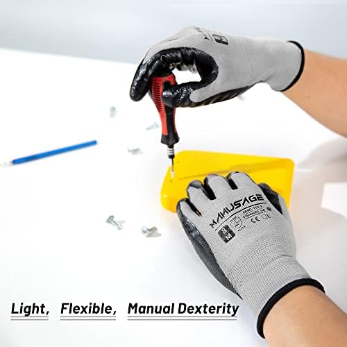 MANUSAGE Safety Work Gloves Nitrile For Men and Women, with Touchscreen Fingers, Men's Work Gloves with Grip, Mechanics Gloves (Size-XL, Grey, 3 Pairs)