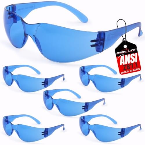 BISON LIFE Blue Safety Glasses for Men & Women, ANSI Z87.1, 6 Pack