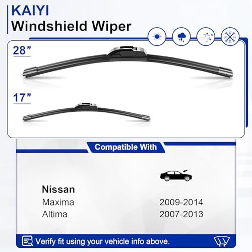 KAIYI 28" + 17" Windshield Wipers Compatible with Nissan Maxima 2009-2014,Altima 2007-2013 Premium Automotive Replacement Windshield Wiper Blades 2 Pack