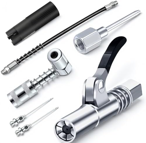 GATTLELIC Grease Gun Tips Accessory 7PCS Kit,Includes Grease Needle Dispenser, 2pcs Grease Needle Nozzles, 90 Degree Grease Coupler Adapter with Sleeves, Coupler, 12 Inch Hose, Zerk Fitting Cleaner