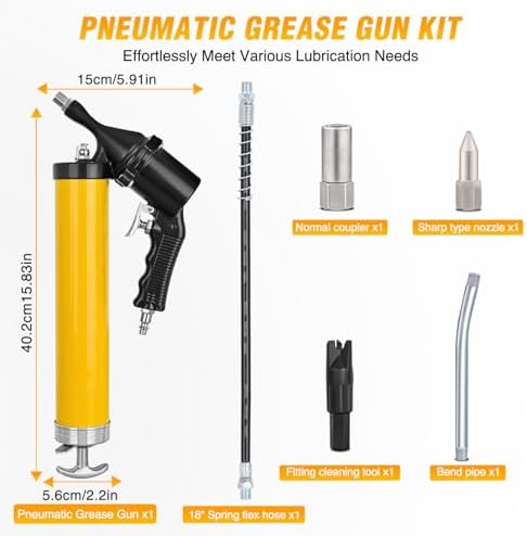 GOOACC Pneumatic Grease Gun 6000 PSI 14oz Heavy Duty Air Operated Grease Gun Kit with 18" Spring Flex Hose Rigid Pipe Coupler Pistol Grip Grease Guns for Automotive Farm Industrial Marine, Yellow 6PCS