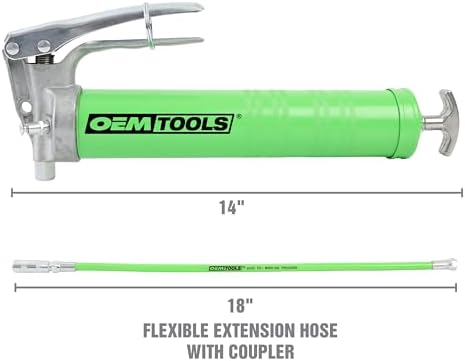 OEMTOOLS 87203 Pistol Grip Grease Gun with 18" Hose and Coupler, Grease Gun Kit, Grease Gun with Flexible Hose, Auto Grease Gun, 6000 Maximum PSI
