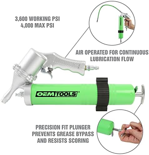OEMTOOLS 87205 Pneumatic Grease Gun, Continuous Lubrication for Automotive and Industrial Equipment, 6000 PSI Air Grease Gun with 18 Inch Hose and Coupler, Supports Cartridge and Bulk Loading