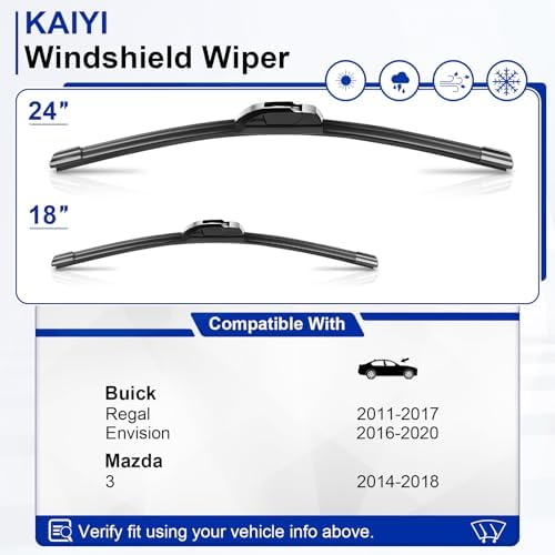 KAIYI 24" + 18" Windshield Wipers Compatible with Buick Regal 2011-2017,Mazda 3 2014-2018,Buick Envision 2016-2020 Premium Automotive Replacement Windshield Wiper Blades 2 Pack