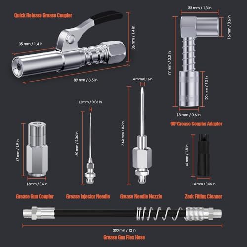 TRILINK Grease Gun Coupler Kit – 8PCS Grease Gun Accessory Set with Quick Release Coupler, 90° Adapter, 12” Flexible Hose, Grease Gun Nozzle, Narrow Needle Nozzle, 2 Injector Needle Tips & Cleaner