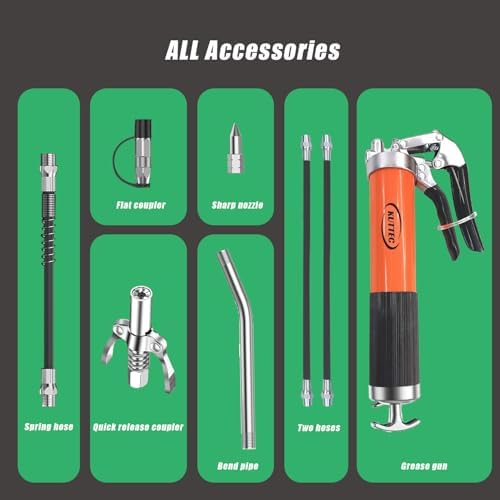 Grease Gun Kit with Quick Release Coupler,Professional 9000 PSI 14oz Heavy Duty. Leak-Proof Greese Gun with 1 Spring Flex Hose,2 Hose,1 Sharp Nozzle,1 Lock Coupler,1 Rigid Pipe