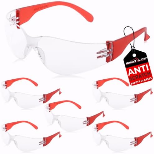 BISON LIFE Clear/Red Safety Glasses for Men & Women, ANSI Z87.1, 6 Pack