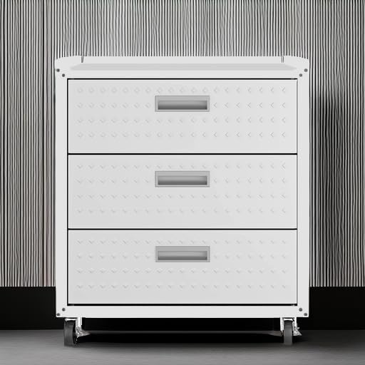 Manhattan Comfort Fortress 31.5-Inch Rolling Garage Tool Chest, 3-Drawer Lockable Mobile Storage Cabinet, Diamond-Textured Steel Utility Organizer with Wheels for Basement, Workshop in White