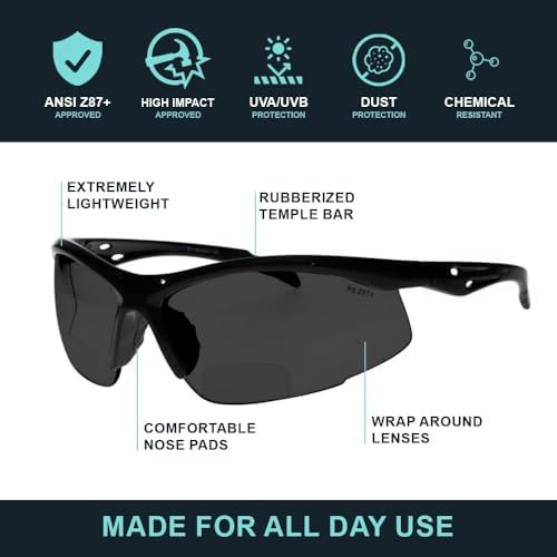 Bifocal Safety Glasses - Safety Lenses with Readers for Healthcare, Woodworkers, Motorcyclists, Workshop - Ansi Z87+