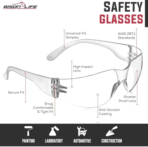 BISON LIFE Clear Safety Glasses for Men & Women, ANSI Z87.1 Certified, 6 Pk