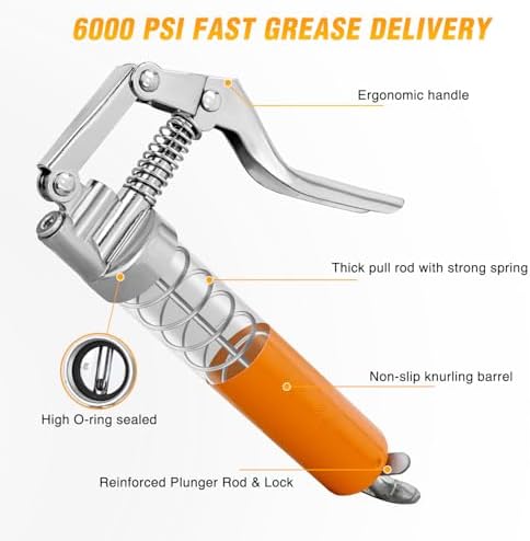 GOOACC Mini Grease Gun 6000 PSI 4oz Grease Gun Kit with 12" Flex Hose Extension Adapter Normal Coupler Rigid Pipe Small Pistol Grip Grease Guns for Automotive Farm Industrial Marine Equipment, Orange