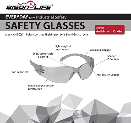 BISON LIFE Gray Safety Glasses for Men & Women, Bulk, ANSI Z87.1, 12 Pack