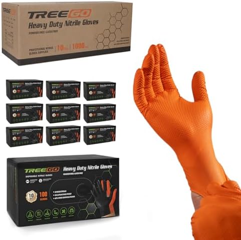 TREEGO 10 Mil Orange Nitrile Mechanic Gloves, Diamond Grip, 1000 Count XL