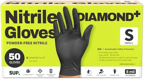 SUPER+ HEAVY DUTY Nitrile Gloves 8 Mil Diamond Texture Disposable Chemical Resistant Powder &Latex Free Food Safe Black 50 Ct