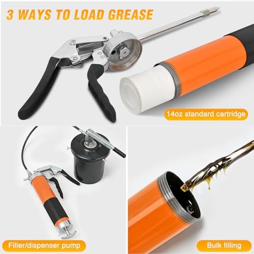 GOOACC Grease Gun 8000 PSI Heavy Duty 14oz Pistol Grip Grease Gun Kit with 18" Spring Flex Hose Sharp Type Nozzle Normal Coupler Rigid Pipe Manual Grease Guns for Greasing Automotive Marine, Orange