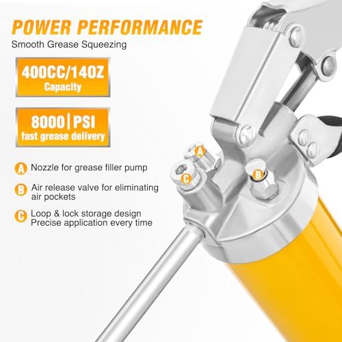 GOOACC Grease Gun Heavy Duty Pistol Grip Grease Gun Kit with Quick Release Coupler 18" Spring Flex Hose Normal Coupler, 8000PSI 14oz Grease Guns Tool for Automotive Farm Industrial Marine, Yellow 4PCS