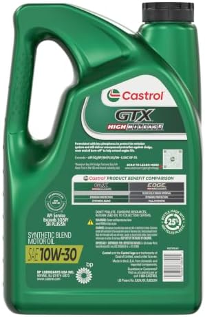 Castrol GTX High Mileage 10W-30 Synthetic Blend Motor Oil, 5 Qt, Pack of 3