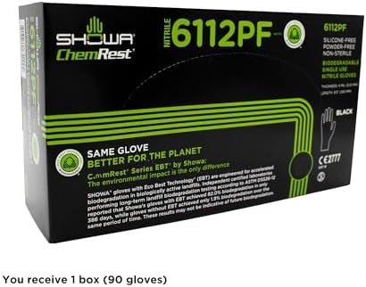 SHOWA 6112PF Sustainable EBT Latex-Free, Powder-Free, Nitrile Disposable Single Use Safety Gloves, 4 Mil, 9.5" Length, Black, XX-Large, (1 Box/100 Gloves)