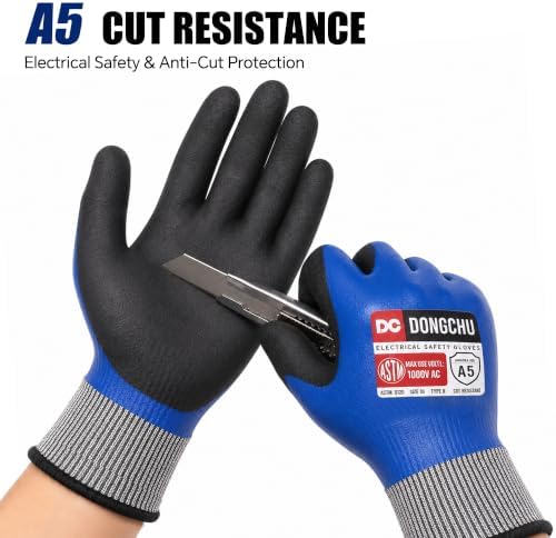 DongChu 1000V Insulated Electrician Gloves, ANSI A5 Cut Resistant Work Gloves, Double-Layer Nitrile Coated with Touch-Screen, HPPE Safety Gloves for Home Electrical Repair, DIY
