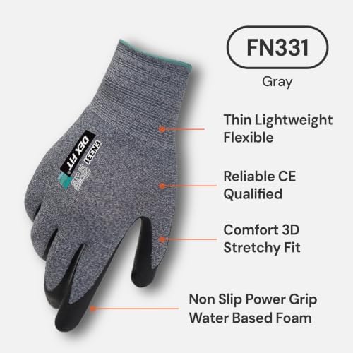 DEX FIT Premium Work Gloves FN331, Thin Nitrile Grip, Gray, L, 12 Pairs