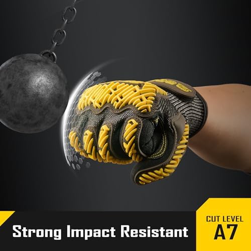 COOLJOB A7 Cut Resistant Work Gloves with TPR, Nitrile Coated Anti-Slip Impact Gloves, Touchscreen Heavy Duty Safety Mittens