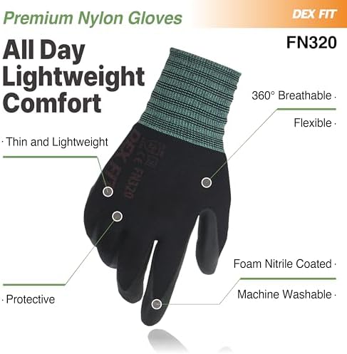 DEX FIT FN320 Precision Grip Work Gloves, 3D-Comfort Fit, Ultra Stretch Nylon Gloves, Lightweight & Flexible for Warehouse Handling, Assembly, Delivery, and Gardening, Black, M, 3 Pairs
