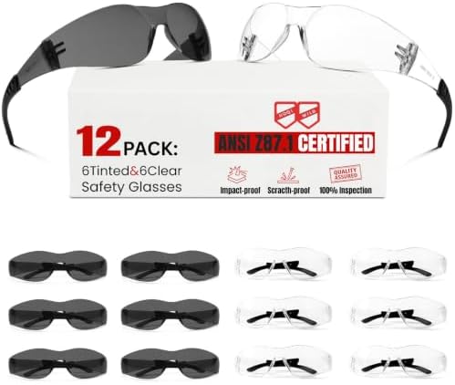 ANSI Z87.1 Safety Glasses Men Women 12 pack(6pack clear safety glasses+6pack safety sunglasses) Scratch & Impact Resistant eye protection glasses for Construction, Outdoor Sports & Work