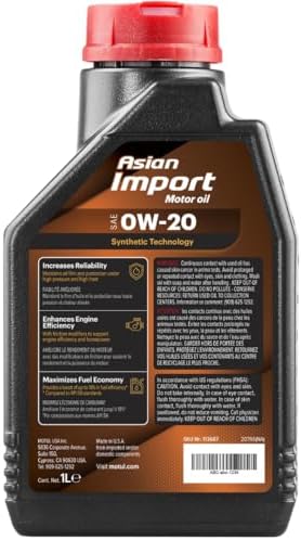 Motul Asian Import 0W20 Synthetic Oil | API SP, ILSAC GF-6A | Supports Fuel Efficiency and Long-Term Engine Protection | Compatible with Honda, Toyota, Nissan, Hyundai, Kia, Subaru | 1L