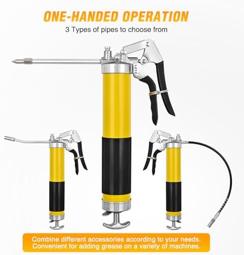 GOOACC Grease Gun 8000 PSI Heavy Duty 14oz Pistol Grip Grease Gun Kit with 18" Spring Flex Hose Sharp Type Nozzle Normal Coupler Rigid Pipe Manual Grease Guns for Greasing Automotive Marine, Yellow