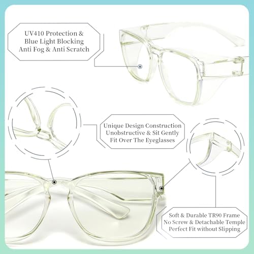 Alsenor Safety Glasses Anti Fog Goggles Fit Over Prescription Eyewear Blue Light Blocking Oversized Eyeglasses For Men Women (Oversized-Jade)