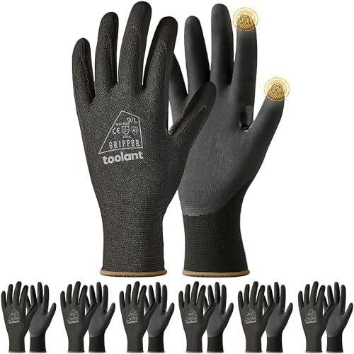 toolant Microfoam Nitrile Work Gloves with Grip, 6 Pairs, Black, Large
