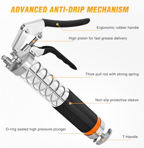 GOOACC Grease Gun 8000 PSI Heavy Duty 14oz Pistol Grip Grease Gun Kit with 18" Spring Flex Hose Sharp Type Nozzle Normal Coupler Rigid Pipe Manual Grease Guns for Greasing Automotive Marine, Orange