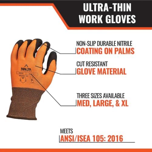 Malta Dynamics Safety Work Gloves – Nitrile Coated Ultra-Thin Work Gloves w/Cut Level A2 Protection, Touch Screen, OSHA/ANSI