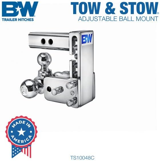 B&W Trailer Hitches Chrome Tow & Stow Adjustable Trailer Hitch Ball Mount - Fits 2" Receiver, Tri-Ball (1-7/8" x 2" x 2-5/16"), 5" Drop, 10,000 GTW - TS10048C