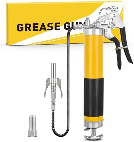 GOOACC Grease Gun Heavy Duty Pistol Grip Grease Gun Kit with Quick Release Coupler 18" Spring Flex Hose Normal Coupler, 8000PSI 14oz Grease Guns Tool for Automotive Farm Industrial Marine, Yellow 4PCS