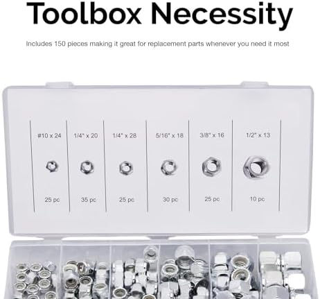 NEIKO 50432A Hex Nut Assortment Set | 150 Pc Nylon Locking Nuts | A3 Steel Hex Assorted Hardware Kit #10 & SAE | Metal Screw Nut for Bolts | Friction Lock Nut