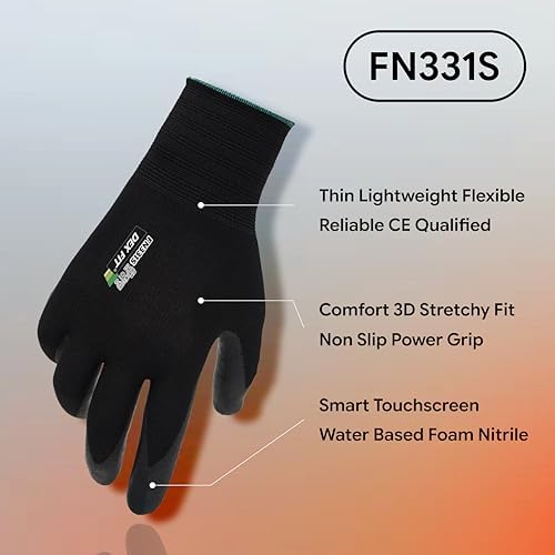 DEX FIT Premium Work Gloves FN331, 3D Comfort Fit, Power Grip, Touchscreen, Nitrile Coated, Mechanic, Security, Outdoor Utility, Safety Grip Gloves for Men and Women, Sandy Black, L, 3 Pairs